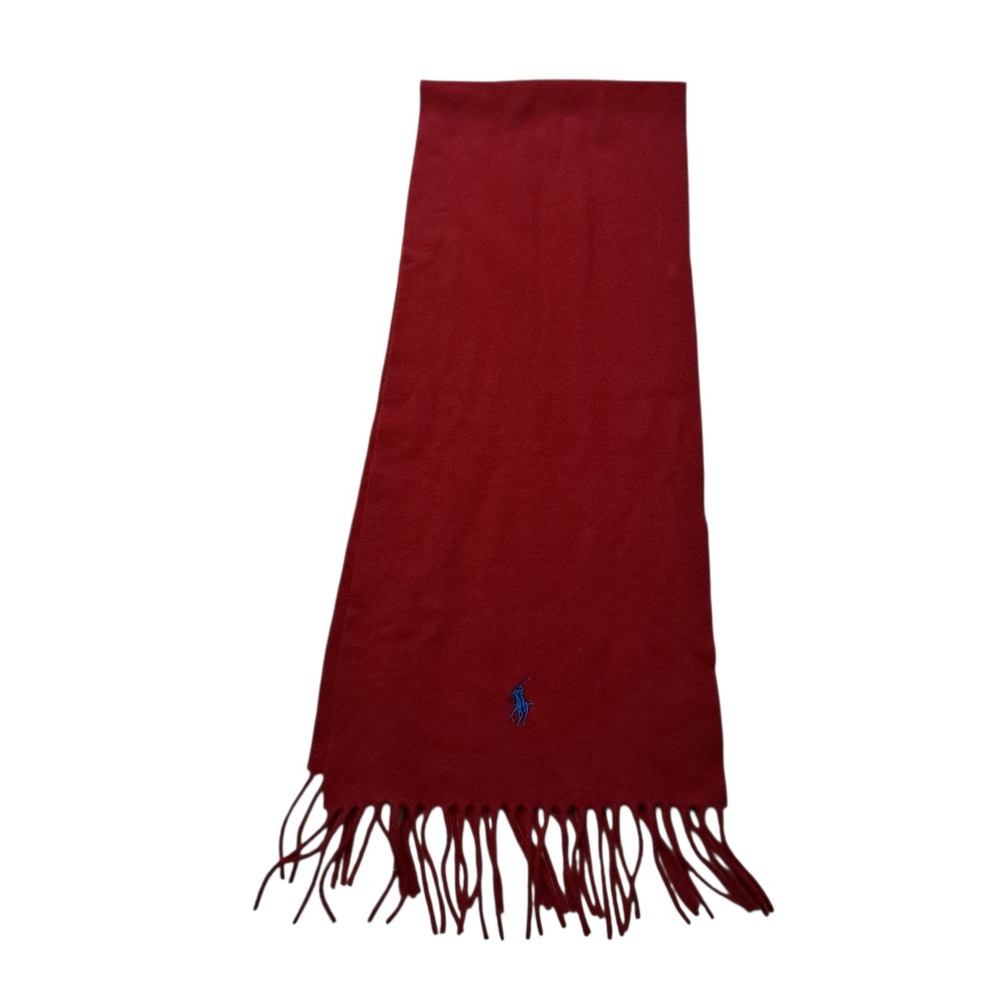 Polo Ralph Lauren Scarf Red Embroidered Pony Fringe 100% Wool Blend Winter Italy